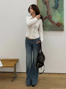 DAZY 純色翻領修身短袖白色女款襯衫 - 白色 - 查看 6
