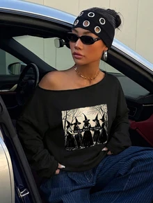 Veykashi 萬聖節女巫圖案女款休閒黑色露肩寬鬆長袖衛衣，秋季新品 - 黑色 - 查看 4