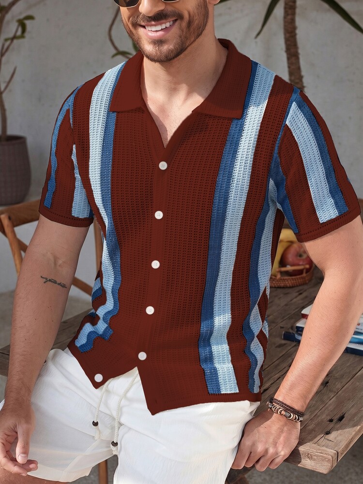 Manfinity Homme European American Blogger Style Fashion Design Casual Retro 90s Vacation Hollow Knit Pullover Top For Men Spring/Summer All Shades Of Brown Colorblock - Multicolor - View 5