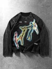 ROMWE MEN Men's Character Graphic Print Crew Neck Long Sleeve T-Shirt - Black - View 8