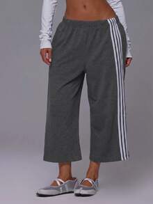Musera Sport 4 Stripe Elasticated Waist Wide Leg Sweat Jogger Capri Pants Jorts Coord Bottoms - Dark Grey - View 2