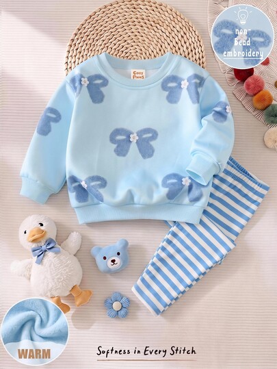 Cozy Pixies Newborn Baby T-Shirt Co-Ords Knit Sweatshirt Set, Kids Printed Blue Bow Round Neck Long Sleeve Top, Striped Slim Fit Leggings, Soft Comfortable Cute Style, Suitable For Early Autumn And Winter Wear