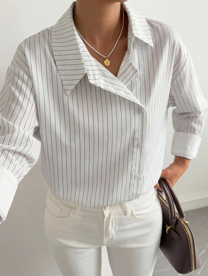 Livesso Autumn  Loose Business Casual Style 2 In 1 Colorblock Patchwork Fine Stripe Design Asymmetrical Placket Fashion Street Commute Elegant Women's Shirt