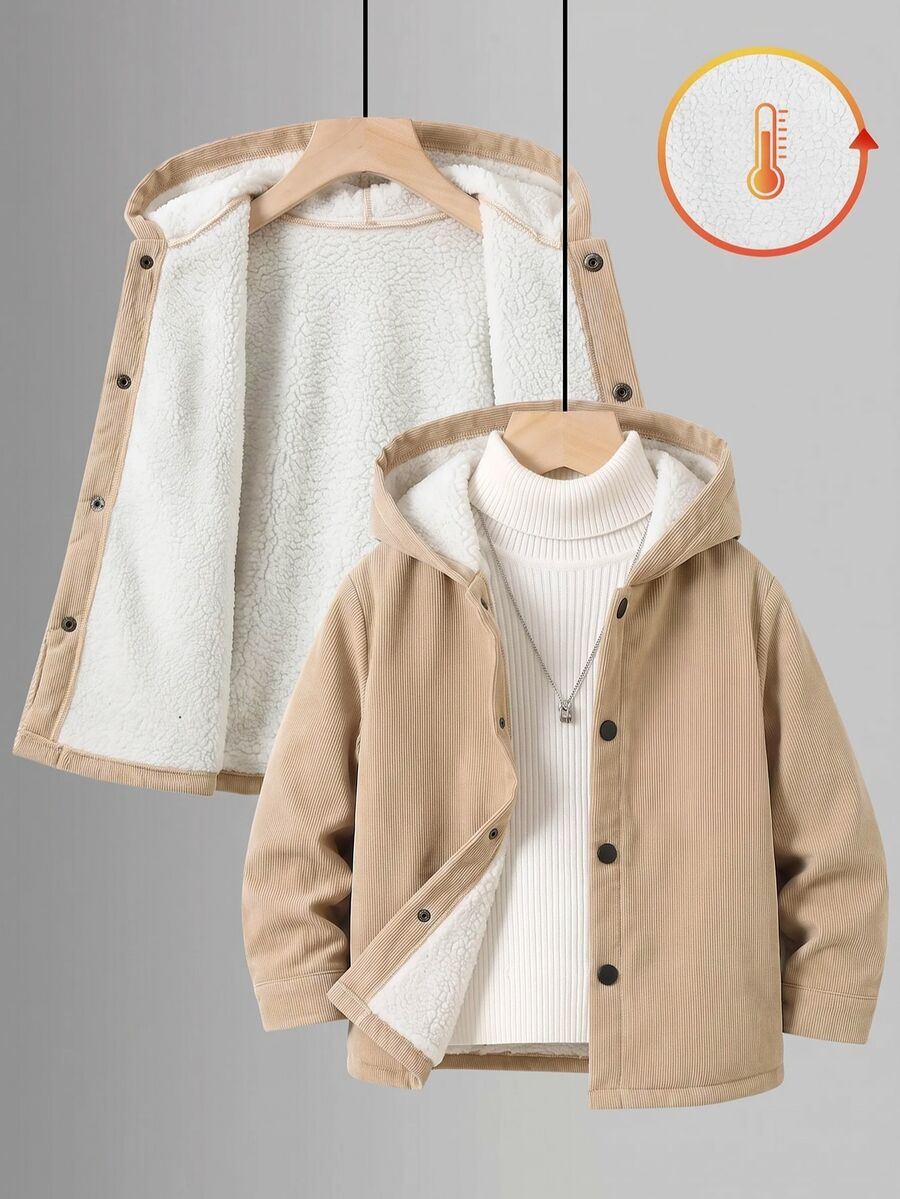 SHEIN Kids Young Boy Casual Everyday Versatile Comfortable Composite Fleece Lined Hooded Open Front Long Sleeve Mid-Weight Woven Jacket Suitable For School, Garden, Beach, Birthday Spring, Summer, Fall, Winter - Multicolor - View 1