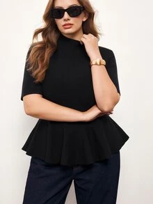 Maija Áo len dệt kim tay ngắn cổ đứng màu trơn thanh lịch size lớn, phong cách công sở và dự tiệc buổi tối, màu đen, mùa hè - màu đen - Xem 5