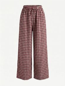 Teen Girls Black White Plaid Micro-Fleece Wide Leg Sweatpants (Suitable For Daily Wear) Autumn - Red - View 3