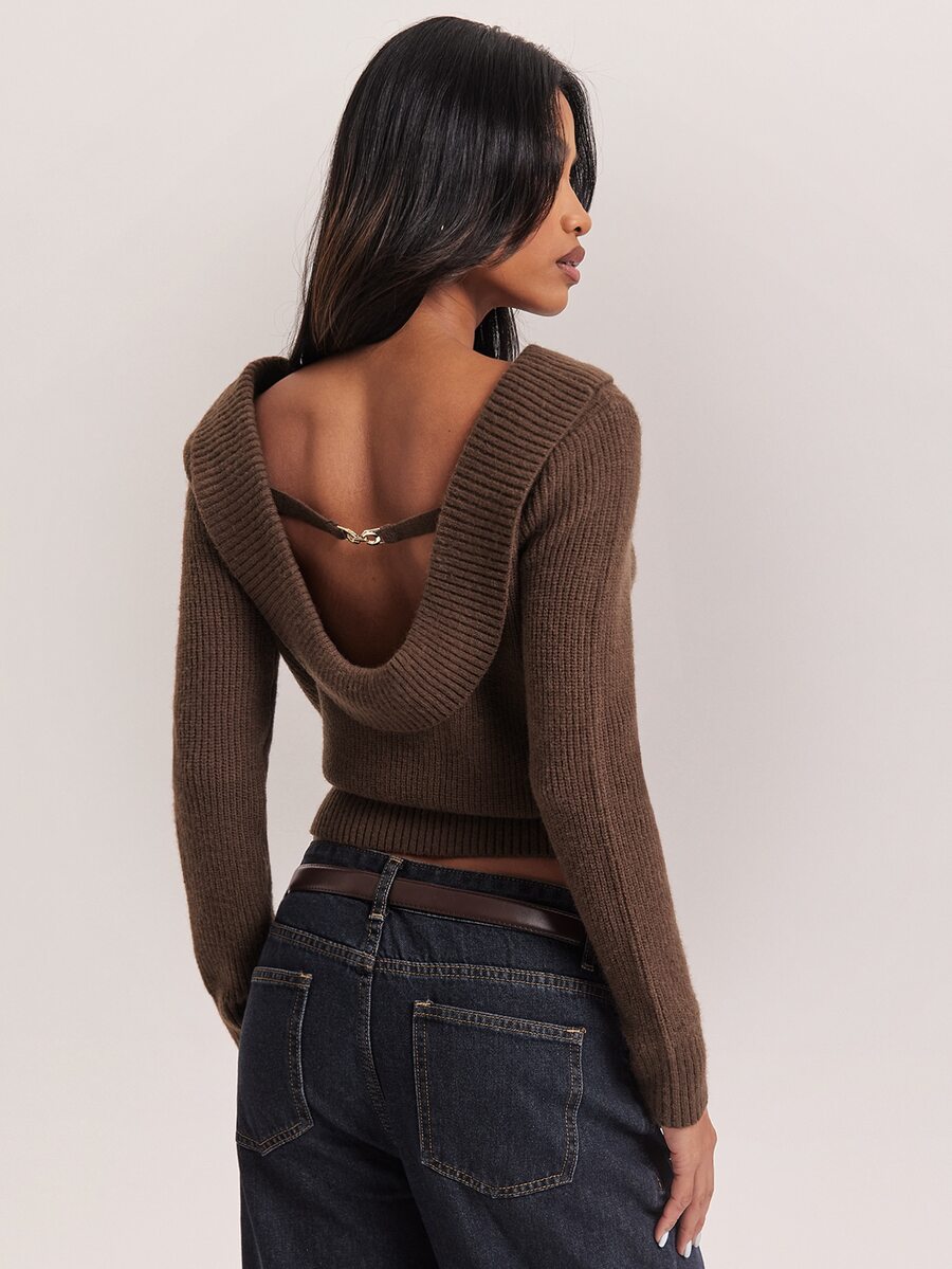 SHEIN BAE Autumn/Winter New Vintage Maillard Style Folded Collar Back Large U-Shaped Open Back Metal Buckle Design Ribbed High Waist Cinched Long Sleeve Women's Sweater - Coffee Brown - View 1