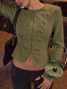 SHEIN EZwear 女款純色前拉鍊長袖拿破崙夾克 - 軍綠色 - 查看 6