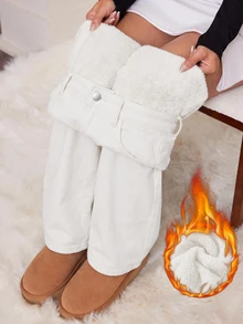 SHEIN PETITE Women's Winter Thermal Lined Button Pocket Jeans Fall Clothes - White - View 1