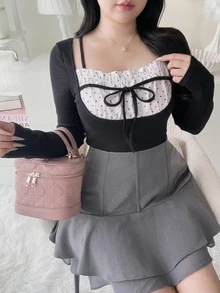 Dazy Plus Colorblock Patchwork Wrap Elegant Korean Style Long Sleeve Spring/Autumn New T-Shirt - Black - View 4