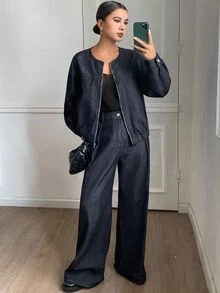 Livesso Tall Women's Round Neck Denim Jacket And Loose Straight Leg Pants Casual Denim Set Fall Everyday Dark Blue - Dark Wash - View 5