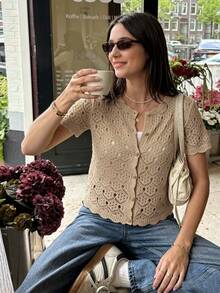 Cévolie Casual Solid Color Short Sleeve Hollow Knit Top - Khaki - View 1
