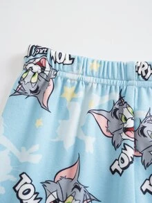 TOM & JERRY X SHEIN Young Boy Cartoon Print Short Sleeve Top And Fitted Shorts Loungewear Set - Blue - View 5