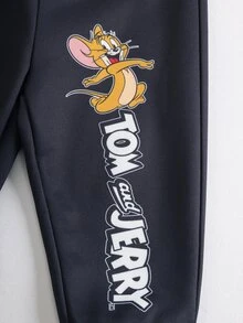 TOM & JERRY X SHEIN طقم بلوزة رياضية بياقة دائرية وبنطال بنقشة كرتونية للبنات الرضع - الأحمر - مشاهدة 7