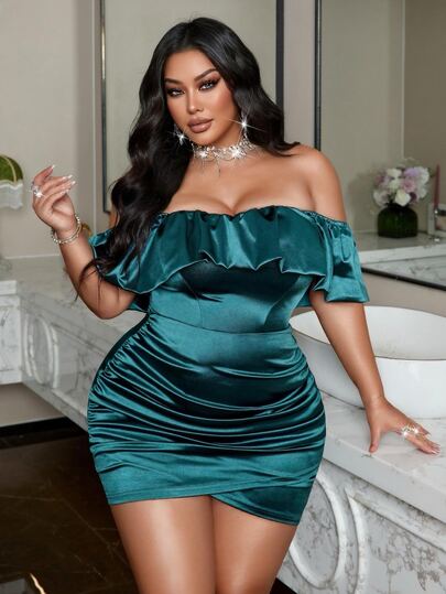 NU&NOW Plus Size Sexy Elegant Ruffle Off-Shoulder Dress Cocktail Party Teal Summer