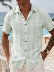 VENTUSAIL Men's Yellow Woven Striped Summer Lightweight Slim Fit Casual Vacation Short Sleeve Shirt - Mint Green - View 4