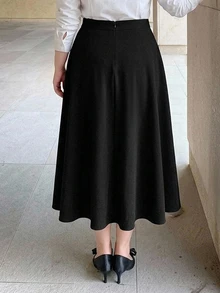Dazy Plus Solid Color Fun Commuter Office Formal Wear Versatile A-Line Mid-Length Elegant Business Casual Skirt Black Fall - Black - View 5