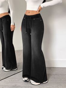 Flexra Vintage Gradient Washed Comfortable Elastic Drawstring Waist Distressed Denim Loose Flared Pants Four-Way Stretch Slimming Leg-Lengthening Bell Bottom Long Pants Commute Slouchy Casual Super Soft Jeans - Black - View 6