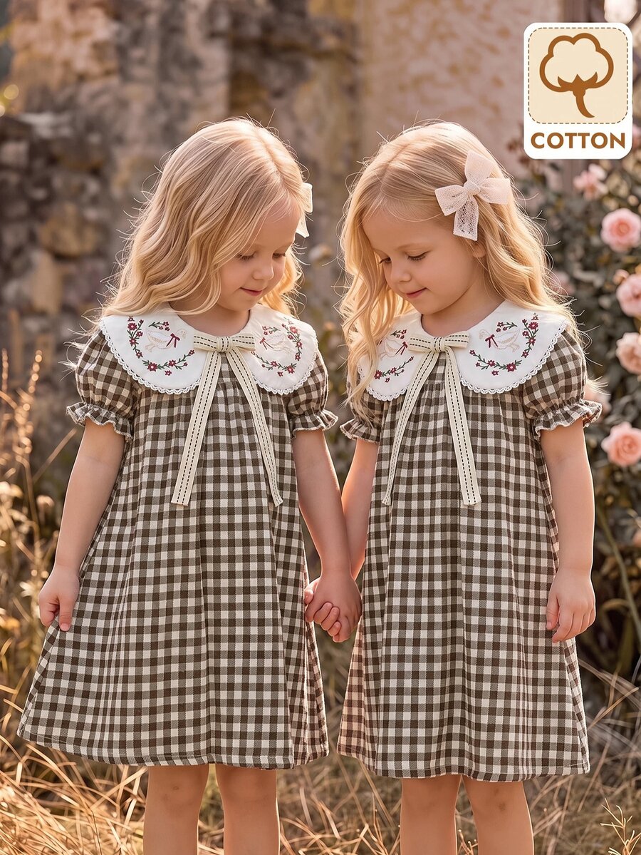 Emery Rose Kids Emery Rose Kids 女童編織純色卡通花卉刺繡翻領蝴蝶結袖休閒洋裝，適合夏季、秋季、度假、返校