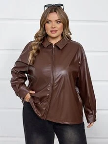 SHEIN CURVE+ 大尺碼女款黑色長袖PU皮革夾克 秋冬款 - 棕色 - 查看 9
