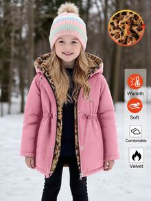 Elladie kids 少女款豹紋連帽冬季外套，粉色保暖連帽派克大衣，適合各種日常場合與休閒穿著 - 粉色 - 查看 2