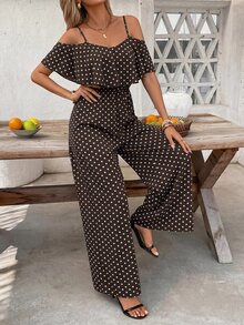 SHEIN Clasi 女款波點圖案荷葉邊露肩時尚連身褲，適合度假 - 彩色 - 查看 3
