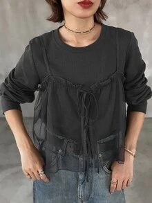 FRIFUL 女款圓領純色長袖上衣與網紗吊帶背心時尚兩件套 秋季 - 灰色 - 查看 5
