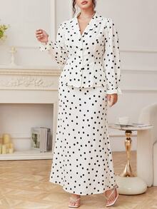 Modelyn Plus Size Elegant Commuter Polka Dot Print Shirt & Skirt Set - Apricot - View 7