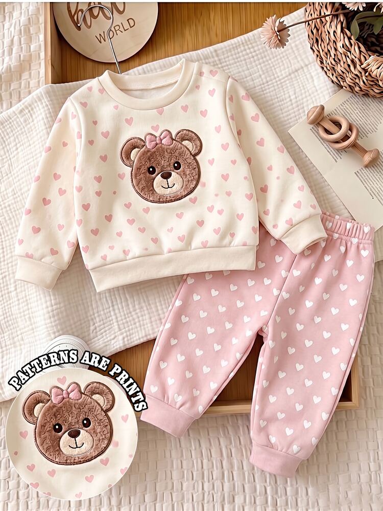Baby Girl Heart & Bear Print 2-Piece Set, Bow Bear Crew Neck Sweatshirt With All-Over Heart Print Joggers, Soft Skin-Friendly Newborn Daily Versatile Kids Outfit - Multicolor - View 4