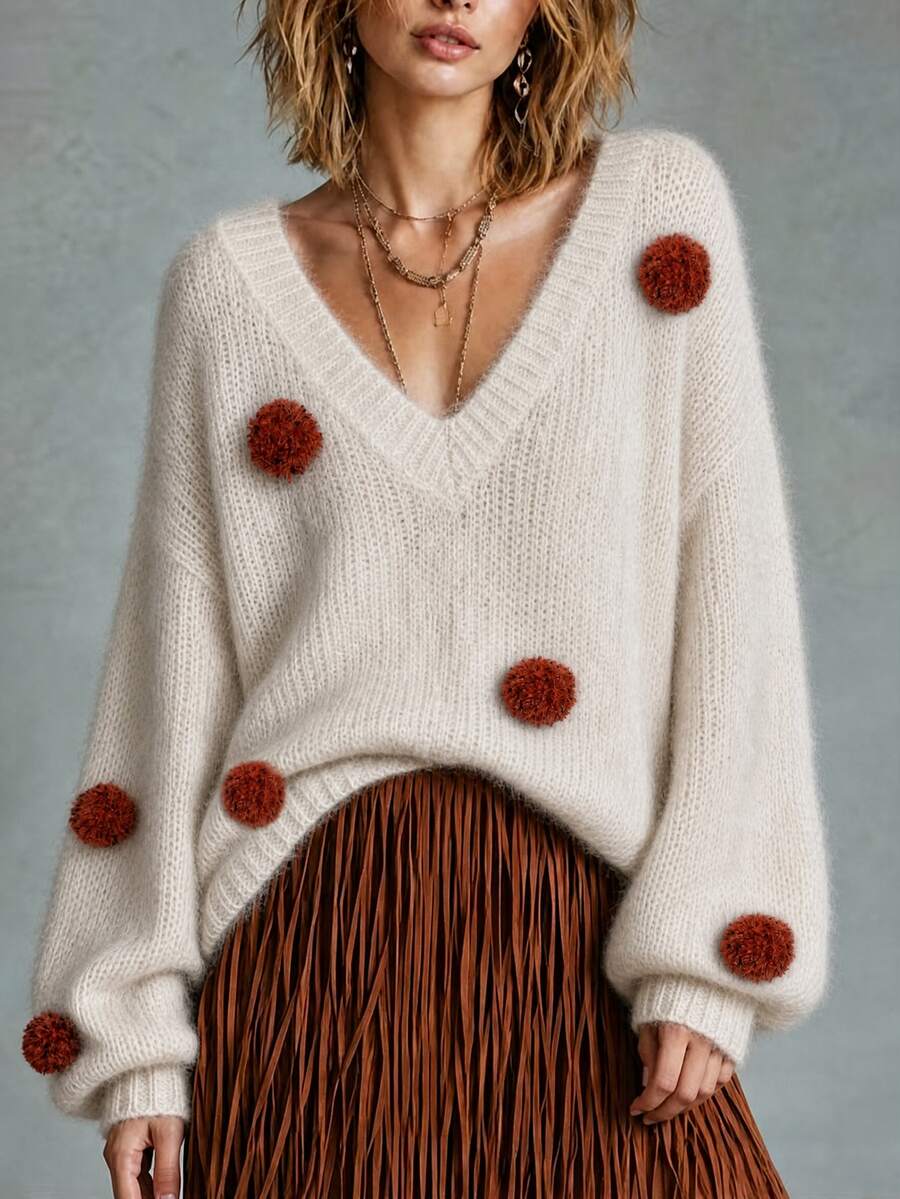 LUMIGAL Women's Casual 3D Pom Pom Decor Sweater, Autumn/Winter - Apricot - View 1