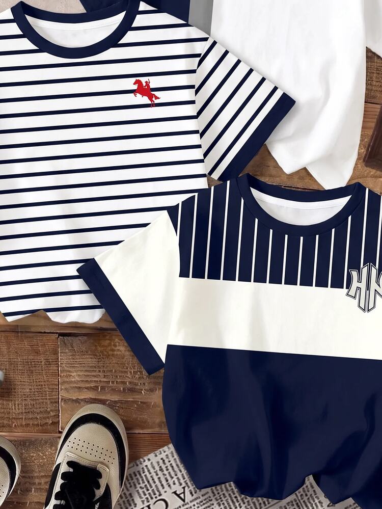 SHEIN Tween Boy Casual Comfortable Fashion Minimalist Round Neck Short Sleeve T-Shirt 3-Piece Set, Classic Cool Retro Striped, Color Block Pattern Print, Exquisite Little Knight Logo Pattern Print - Multicolor - View 4