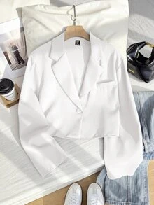 SHEIN EZwear Plus Size Casual Versatile White Cropped Thin Blazer Fall - White - View 10