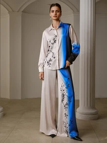 MOTF PREMIUM WOMEN'S GRADIENT PRINT LONG SLEEVE SHIRT AND WIDE LEG PANTS 2 PIECES SET - Apricot - View 7