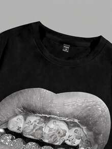 Manfinity ZONE917 Men's Black Lip Print Drop Shoulder T-Shirt - Black - View 4