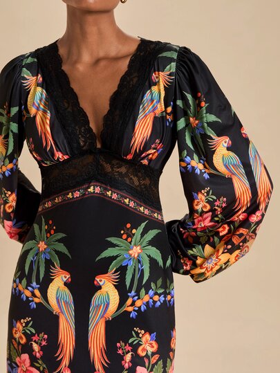 Travachic Vestido de mujer con estampado de loro & palmera, encaje en contraste, escote en V profundo y manga larga