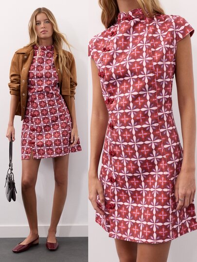 Nöista New Chinese Style Denim Print Short Dress