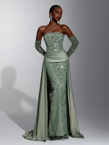 Elitara Elegant Olive Green Sequin Embroidered Strapless Mermaid Evening Gown With Long Gloves And Ruched Satin Overskirt For Wedding, Gala And Formal Party - Olive Green - View 7