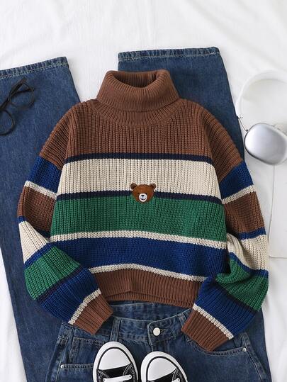 Sweater Anak Perempuan (Ukuran Besar), Lengan Panjang Motif Garis-garis Multiwarna dengan Bordir Beruang dan Tali Kepang, Cocok untuk Musim Semi, Gugur, dan Dingin, Dapat Dipadukan dengan Celana Jeans, Jaket, dan Mantel Katun