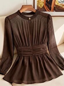 SHEIN Clasi بلوزة أنيقة للتنقل اليومي بخصر مشدود وياقة دائرية صغيرة وقصة A-Line - بني - مشاهدة 2