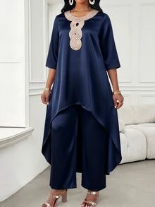 SHEIN Lady 女款優雅通勤高低領上衣與長褲兩件套 - 黑色 - 查看 3