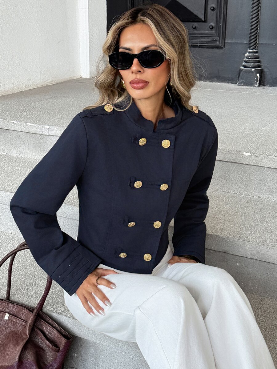 Pariaura French Vintage Court Style Red Short Jacket, Double-Breasted Gold Button Stand Collar - Navy Blue - View 1