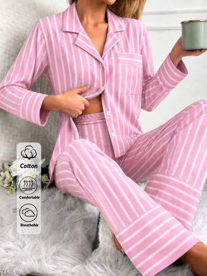 SHEIN Women 2 Pcs Pink With White Striped Pocket Detail Button Front Long Sleeved Shirt& Long Pants Homewear Comfort Pajama Lounge Set