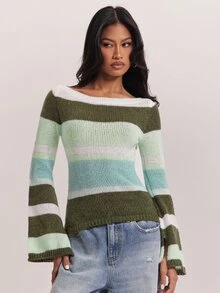 SHEIN BAE Sweater Pullover Wanita Bergaris Warna Kontras - MultiWarna - View 7