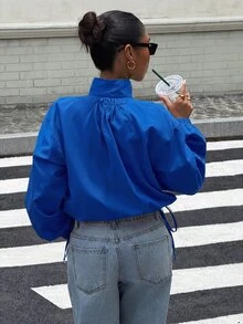 Muchica 皇家藍編織女款休閒夾克，適合日常外出與夜生活，秋季運動休閒風，寬鬆低腰設計 - 寶藍色 - 查看 2