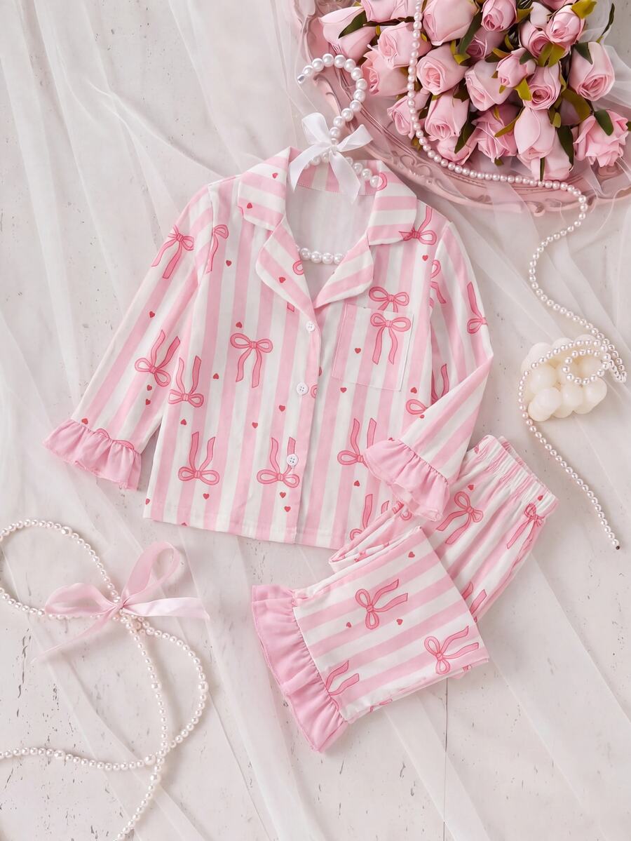 SHEIN Babygirl Casual Cute Pink Bow Long Sleeve Loungewear Set - Pink - View 1