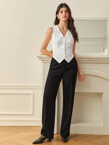 SHEIN Tall 秋冬款純色鈕扣前襟背心西裝外套 - 白色 - 查看 5
