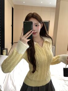 DAZY Women's Contrast Color Lapel Long Sleeve Button Half-Placket Casual Sweater Fall - Yellow - View 4