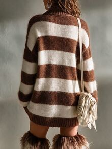 SHEIN Wide Stripe Turtleneck Sweater Dress Drop Shoulder Loose Short Knit Dress - Multicolor - View 2