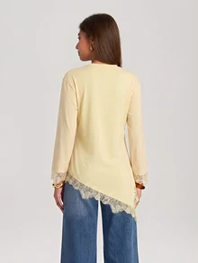 Firerie Women's Lace Patchwork Casual Versatile Daily Wear T-Shirt - Light Yellow - View 7