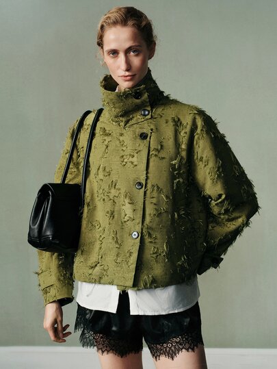 Aveloria Modichic Autumn/Winter Olive Green Floral Jacquard Tassel Textured Fabric Stand Collar Lapel Multi-Wear Asymmetrical Button Design Loose Drop Shoulder Women's Trench Coat Jacket, Elegant French Vintage Commuter Minimalist Old Money Style Modern Casual Luxury Versatile